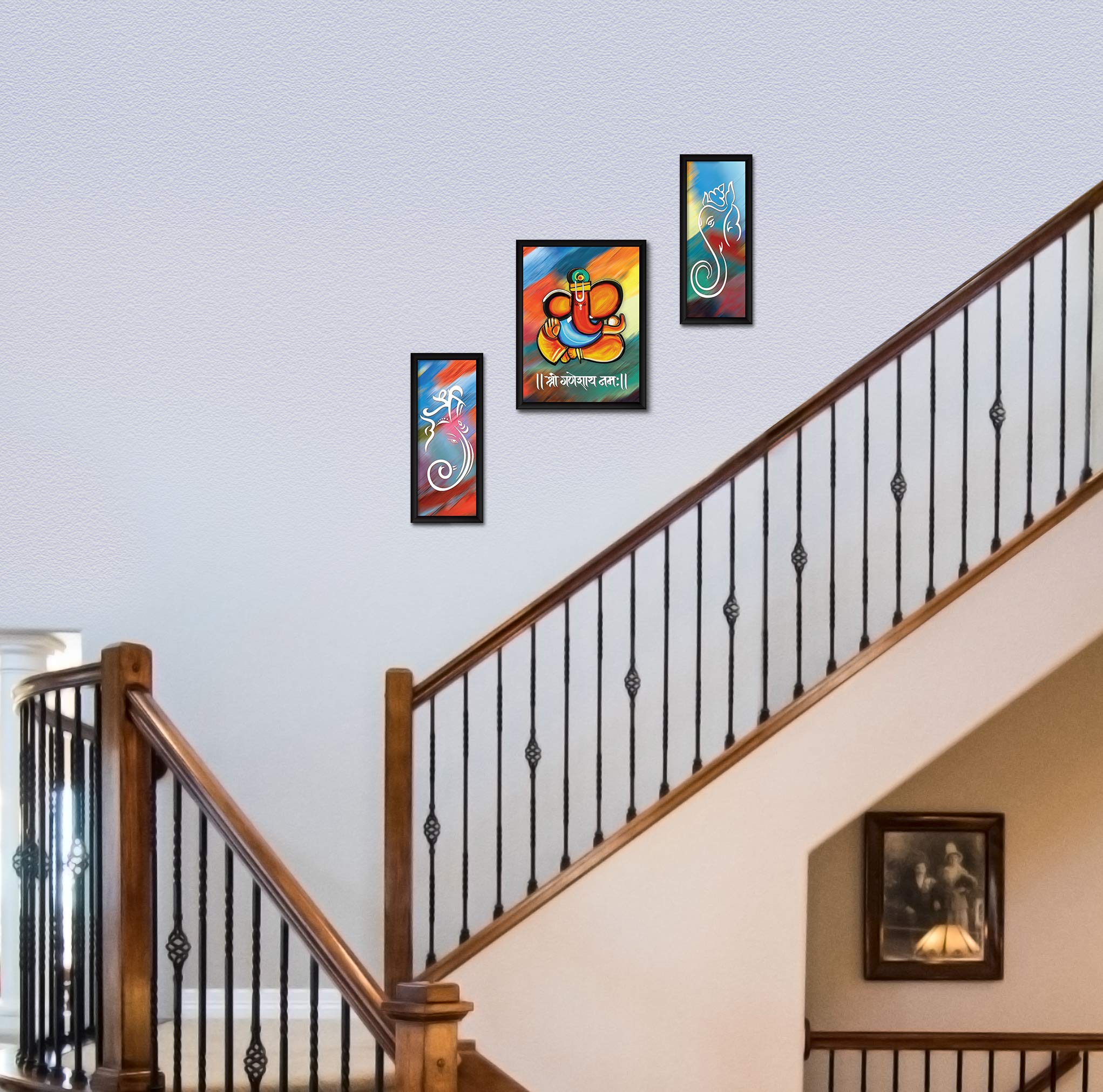 ArtX Paper God Ganesha Wall Art Painting Photo Frame, Multicolor, Traditional, 13 X 22 in, Set of 3